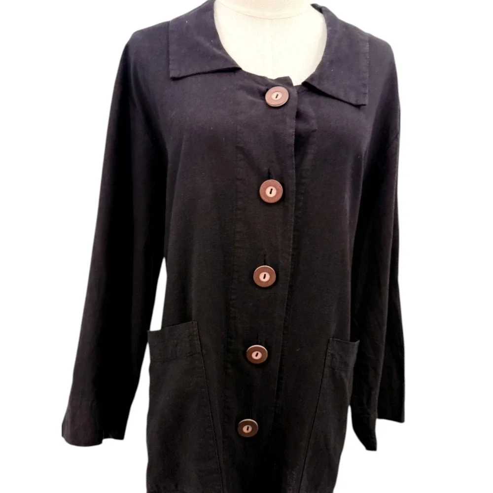 Habitat Womens Jacket Black Hemp Organic Cotton Button‎ Down  Lagenlook  XL